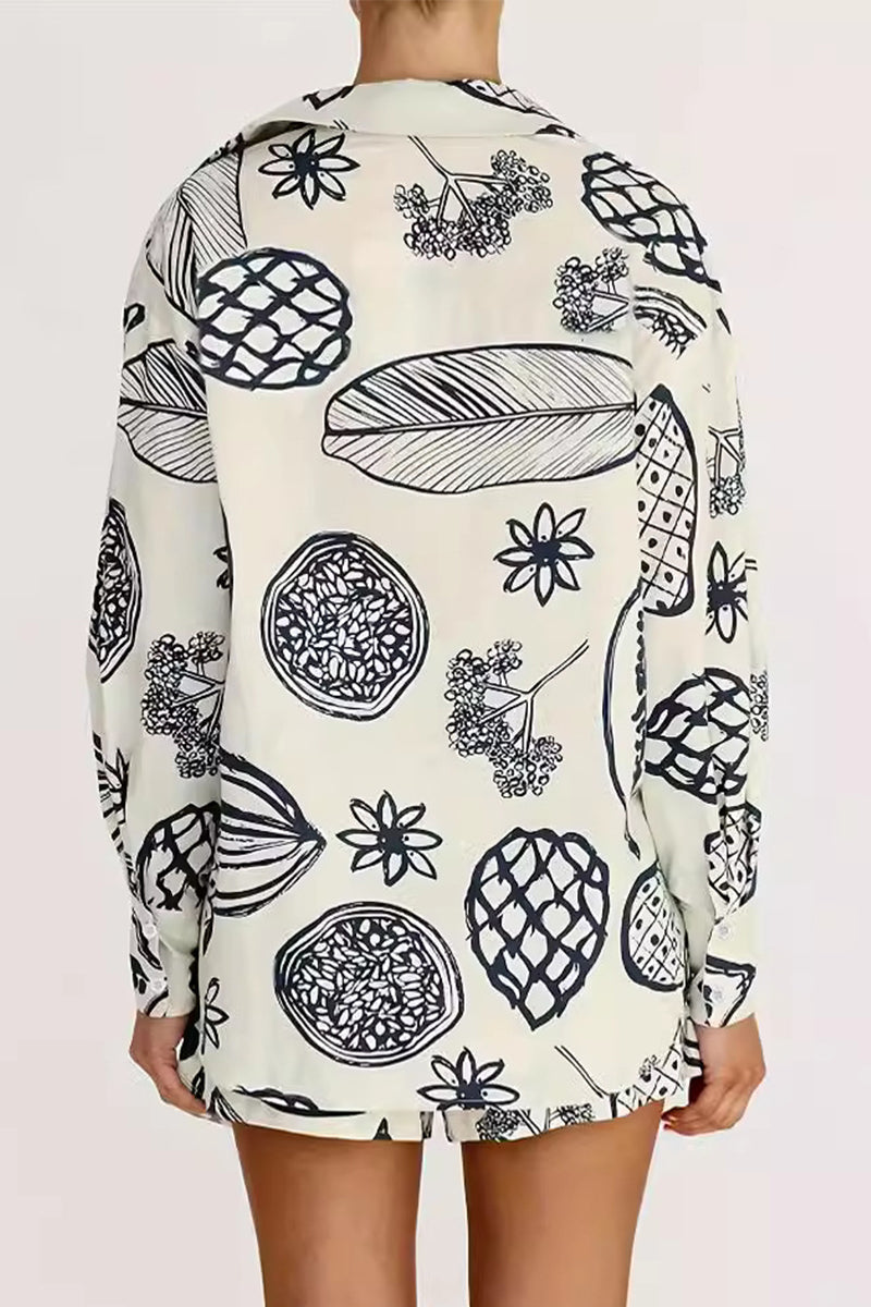 Casual Print Graffiti Pocket Turndown Collar Long Sleeve Two Pieces