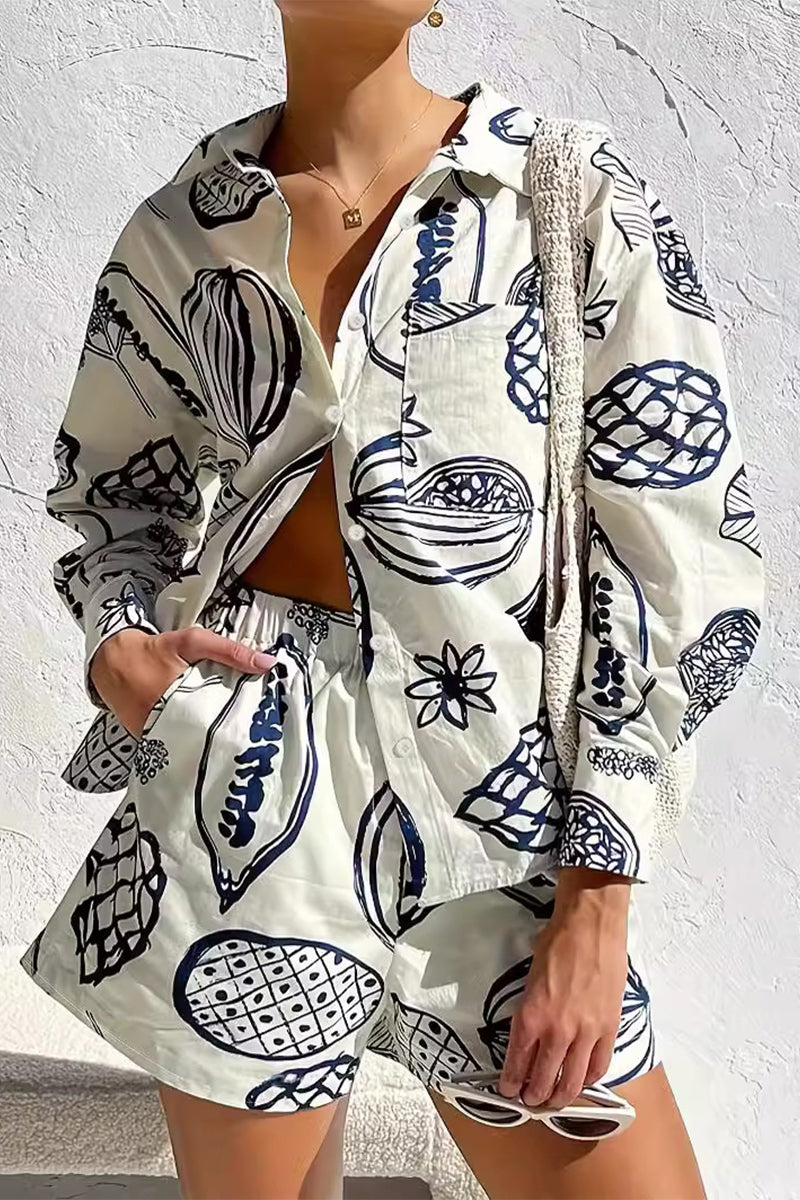 Casual Print Graffiti Pocket Turndown Collar Long Sleeve Two Pieces Apricot