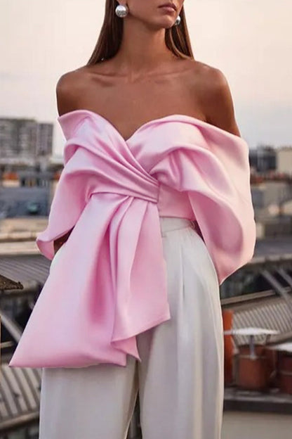 Sweet Solid Asymmetrical With Bow V Neck Tops Pink