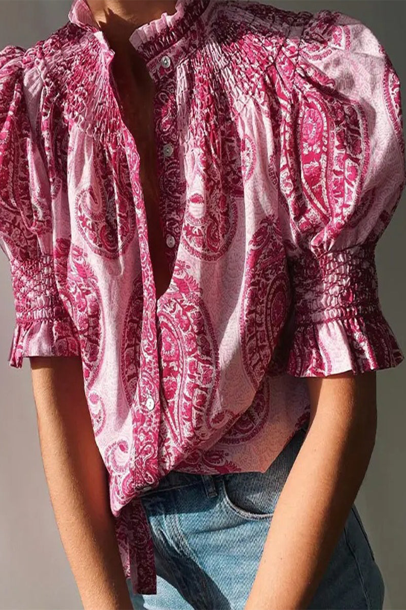 Casual National Totem Print Fold Square Collar Tops Pink