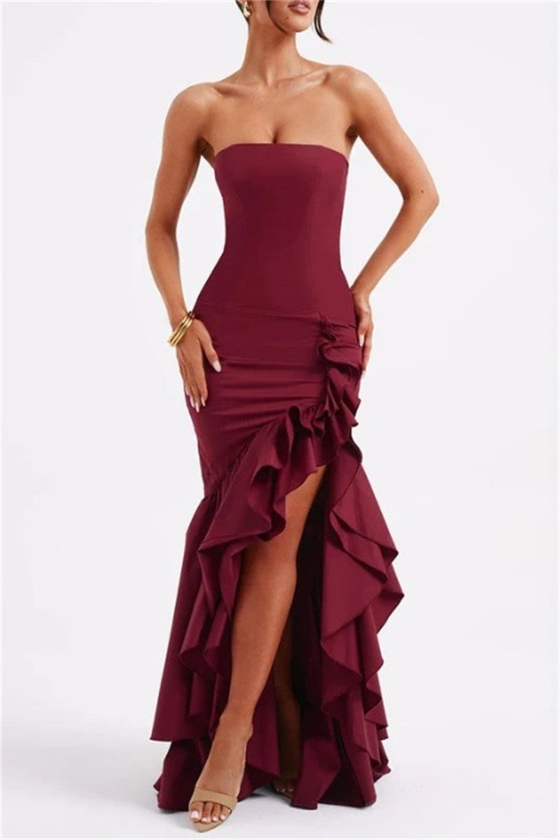 Sexy Print Solid Backless Strapless Irregular Dresses Burgundy