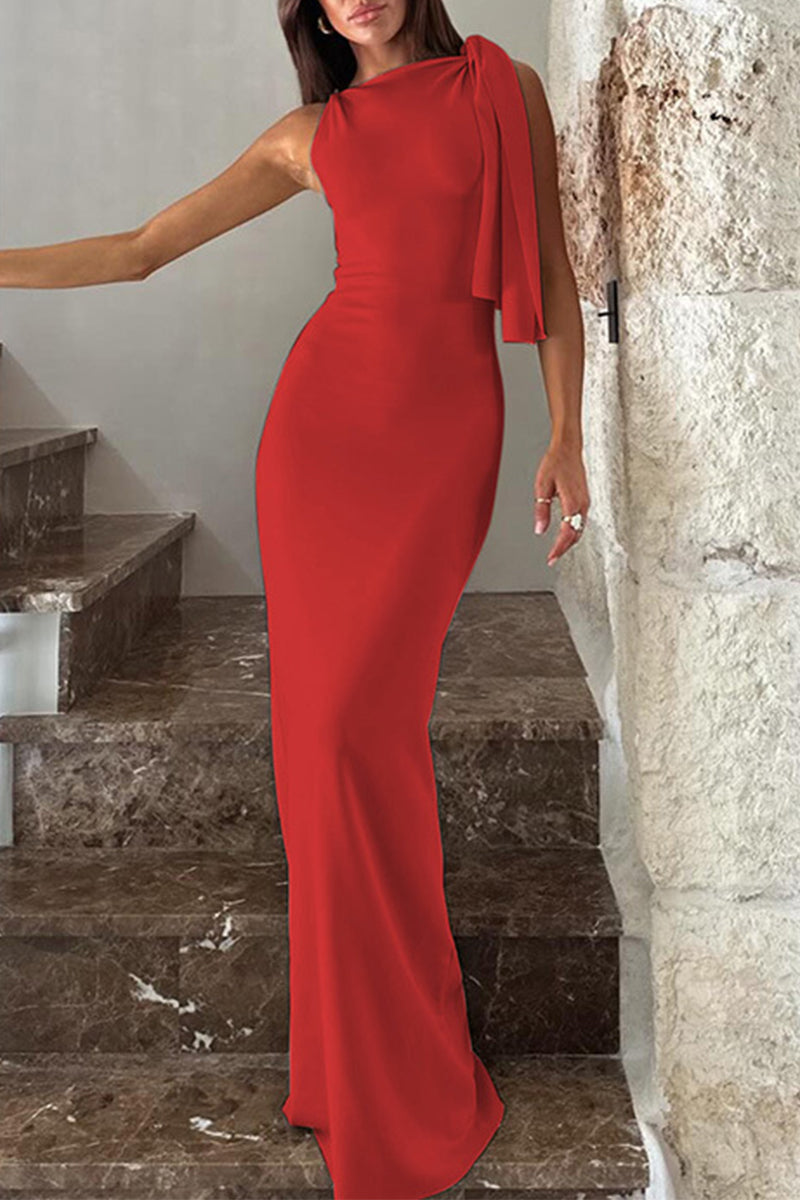 Celebrities Elegant Solid Frenulum Oblique Collar One Step Skirt Dresses Red