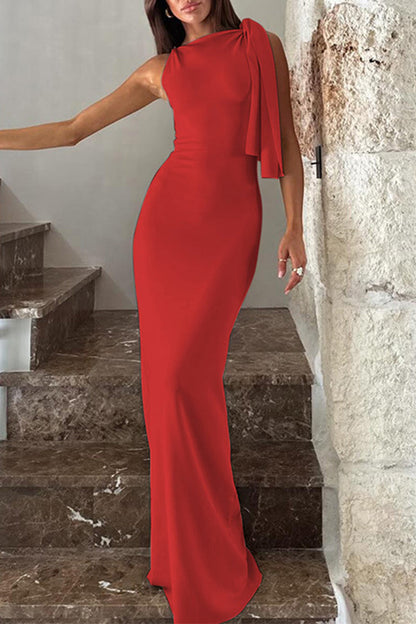 Celebrities Elegant Solid Frenulum Oblique Collar One Step Skirt Dresses Red