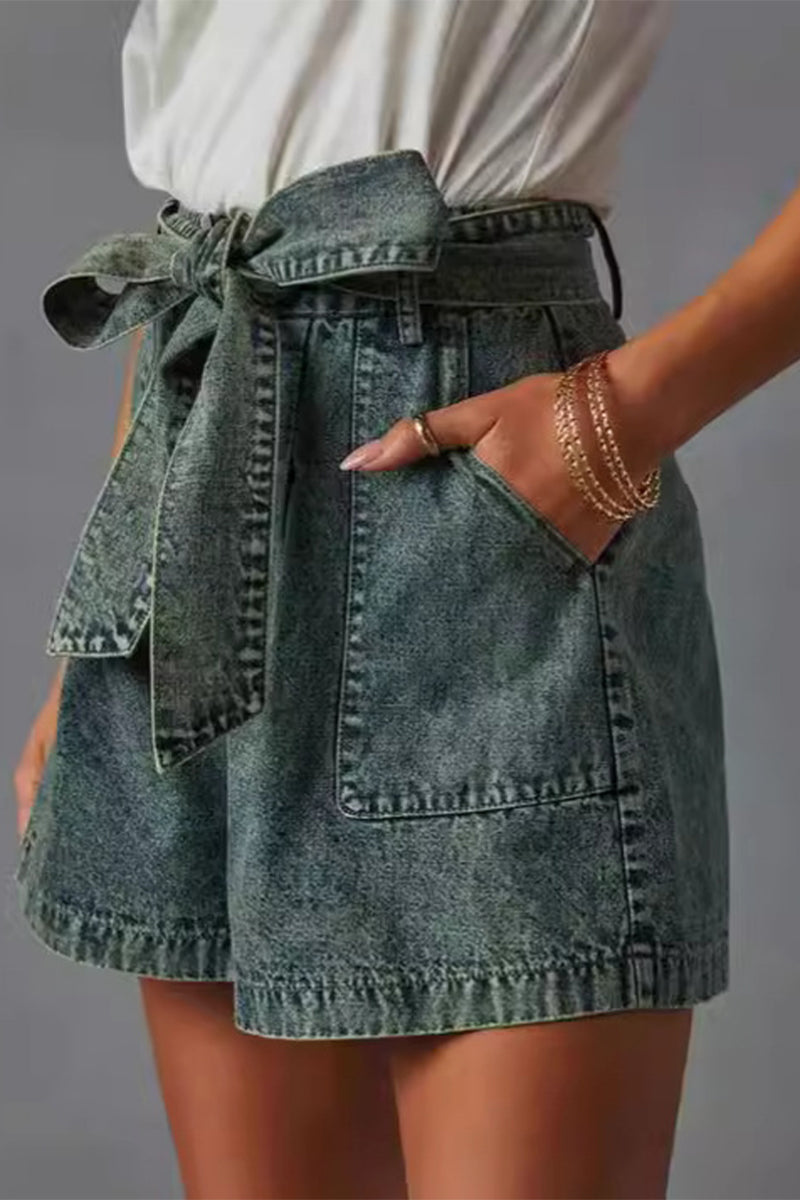 Casual Vintage Solid Bandage Make Old Pocket High Waist Denim Shorts