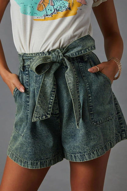 Casual Vintage Solid Bandage Make Old Pocket High Waist Denim Shorts Blue