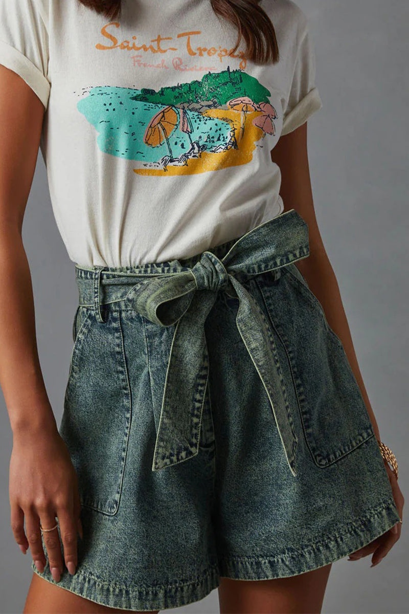 Casual Vintage Solid Bandage Make Old Pocket High Waist Denim Shorts