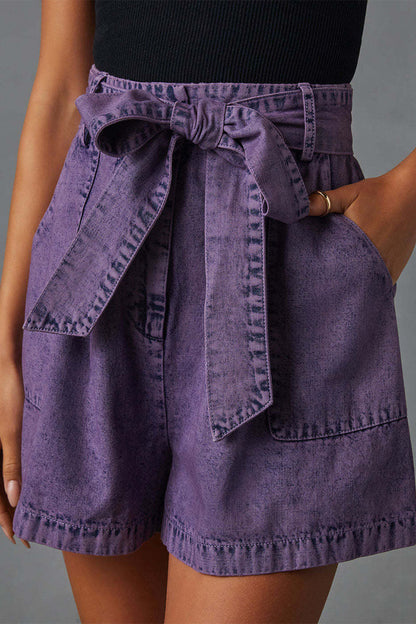 Casual Vintage Solid Bandage Make Old Pocket High Waist Denim Shorts Purple