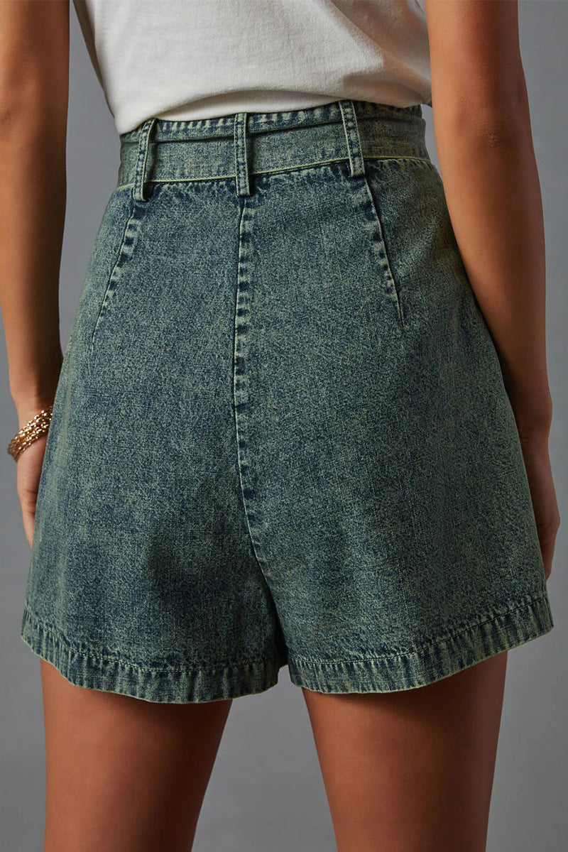 Casual Vintage Solid Bandage Make Old Pocket High Waist Denim Shorts