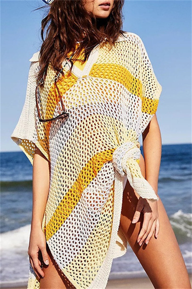 Casual Patchwork Hollowed Out Contrast Swimwears Cover Up Beige One Size