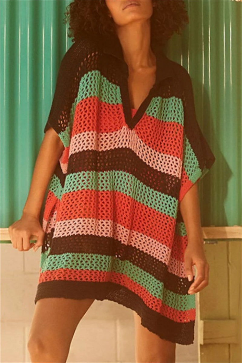 Casual Patchwork Hollowed Out Contrast Swimwears Cover Up Red Green One Size