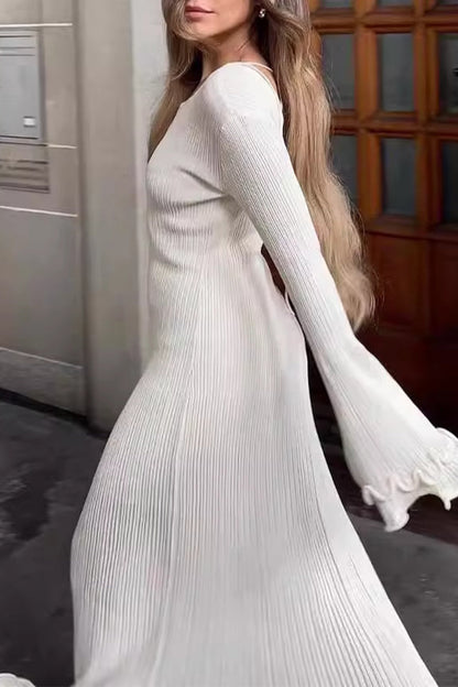 Sexy Solid Backless Fold O Neck Long Sleeve Dresses