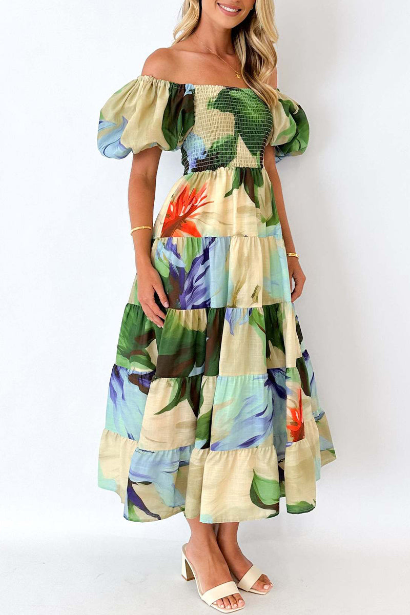 Elegant Floral Patchwork Off the Shoulder A Line Dresses