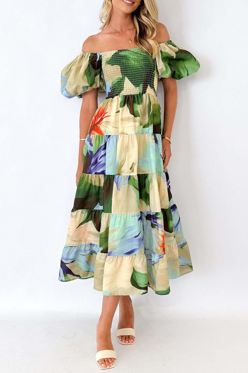 Elegant Floral Patchwork Off the Shoulder A Line Dresses