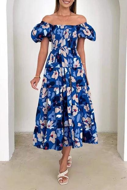 Elegant Floral Patchwork Off the Shoulder A Line Dresses Deep Blue