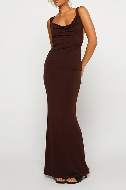 Sexy Solid Backless V Neck One Step Skirt Dresses Brown