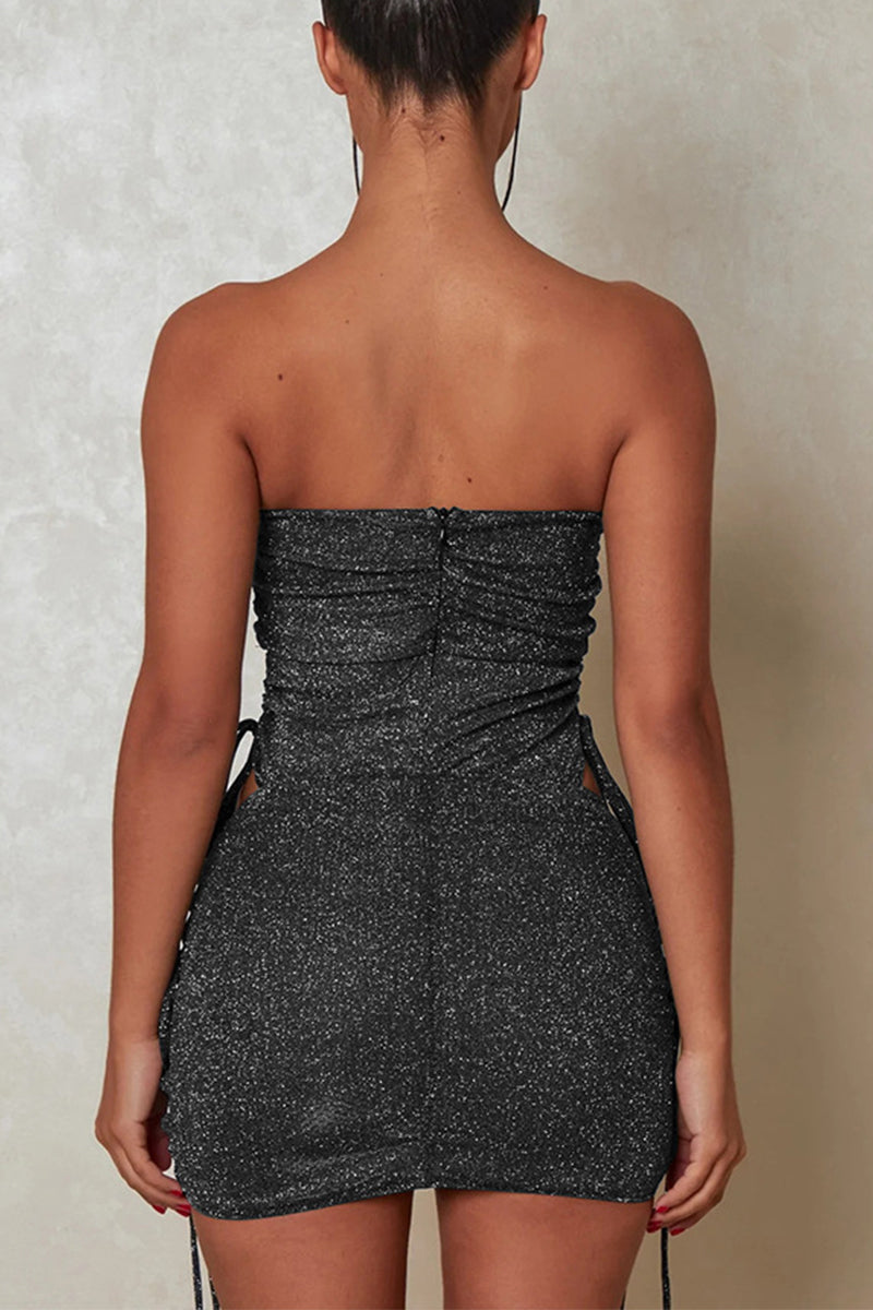 Sexy Solid Draw String Sequined Strapless Sleeveless Two Pieces