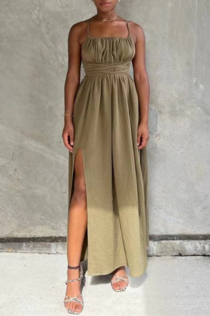 Sexy Solid Backless Cross Straps Spaghetti Strap Long Dresses Khaki