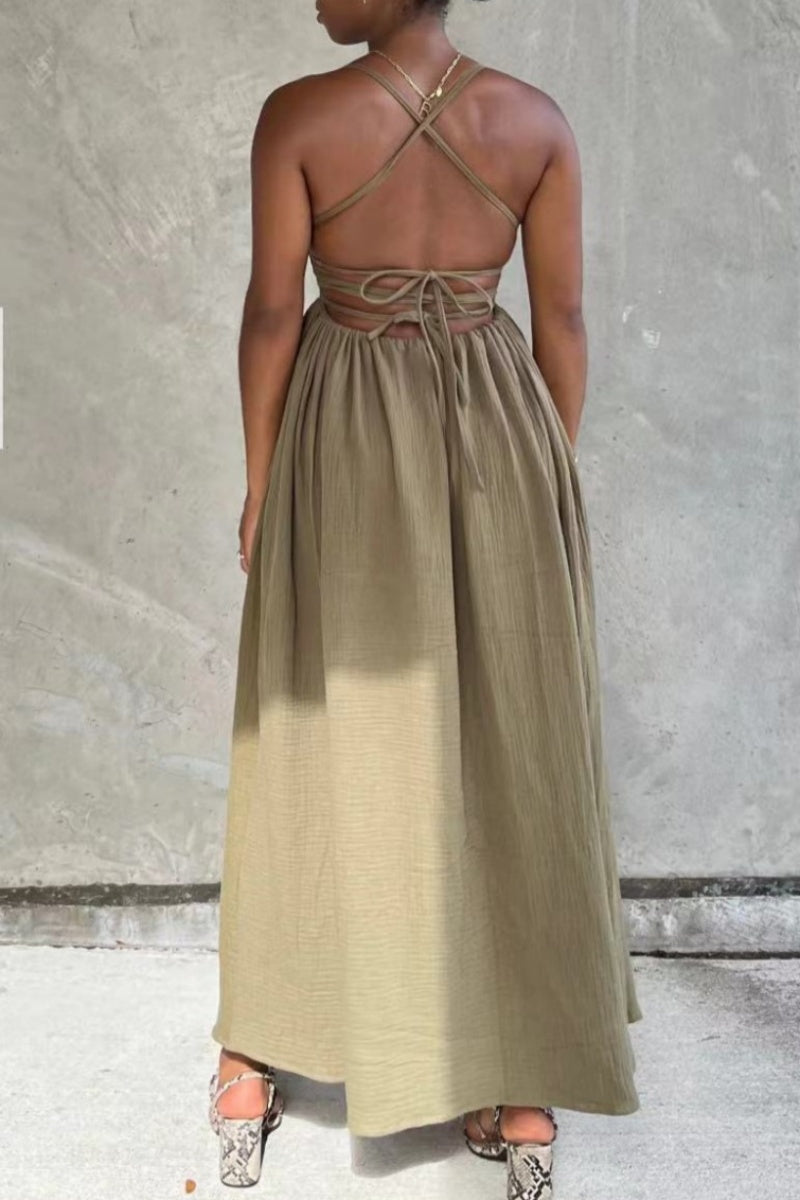 Sexy Solid Backless Cross Straps Spaghetti Strap Long Dresses