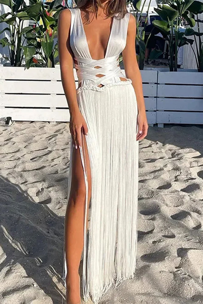 Sexy Solid Tassel Backless V Neck Sleeveless Dresses White