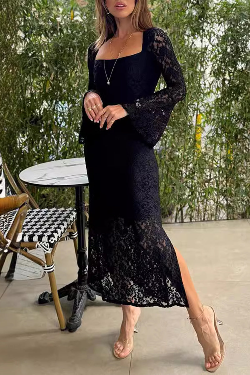 Sexy Solid Lace Slit O Neck One Step Skirt Dresses Black