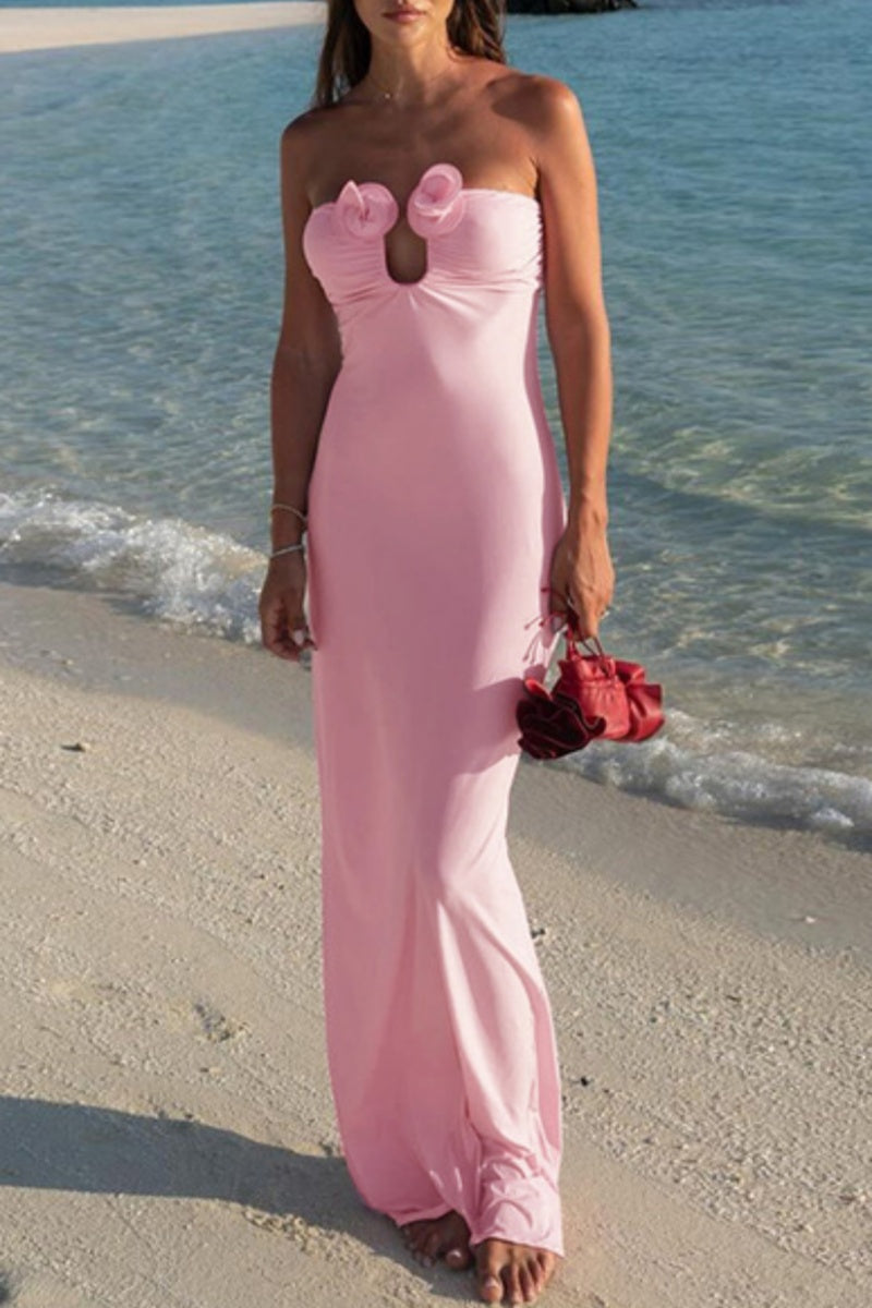 Sexy Solid Backless Strapless Long Dresses Pink