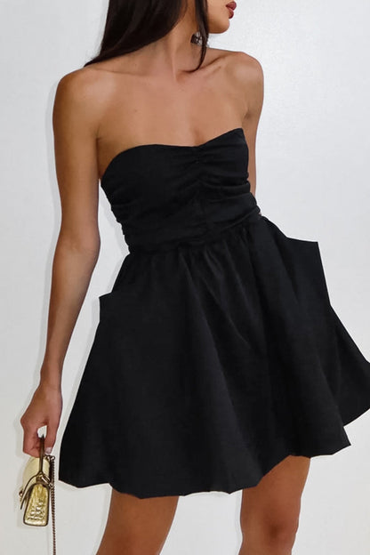 Elegant Solid Pocket Fold Strapless Strapless Dresses Black