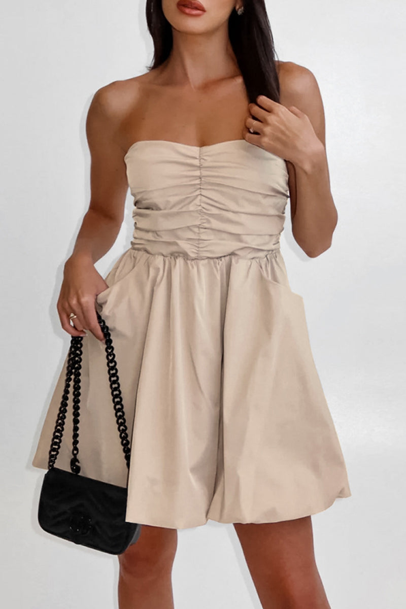 Elegant Solid Pocket Fold Strapless Strapless Dresses