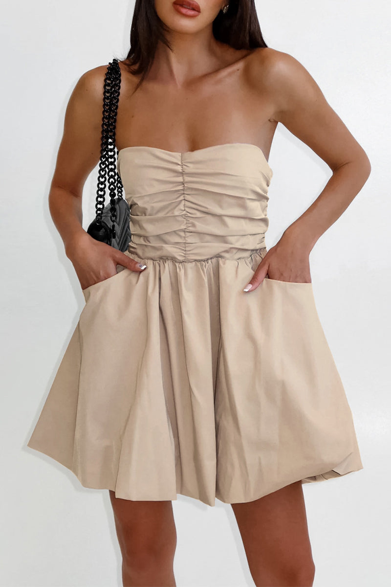 Elegant Solid Pocket Fold Strapless Strapless Dresses Khaki