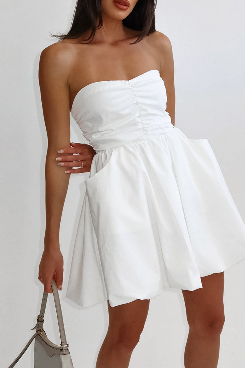 Elegant Solid Pocket Fold Strapless Strapless Dresses White