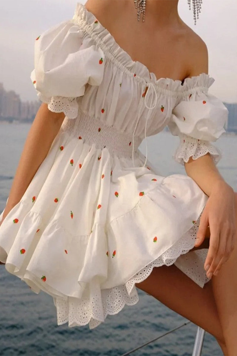 Sweet Fruit printing Patchwork Frenulum Off the Shoulder A Line Dresses White