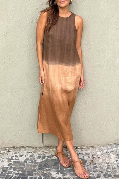 Casual Gradient Print Contrast O Neck Sleeveless Dresses(8 Colors) Brown