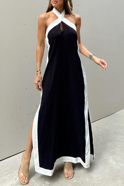 Casual Solid Slit Contrast Halter Sleeveless Dresses(3 Colors) Black