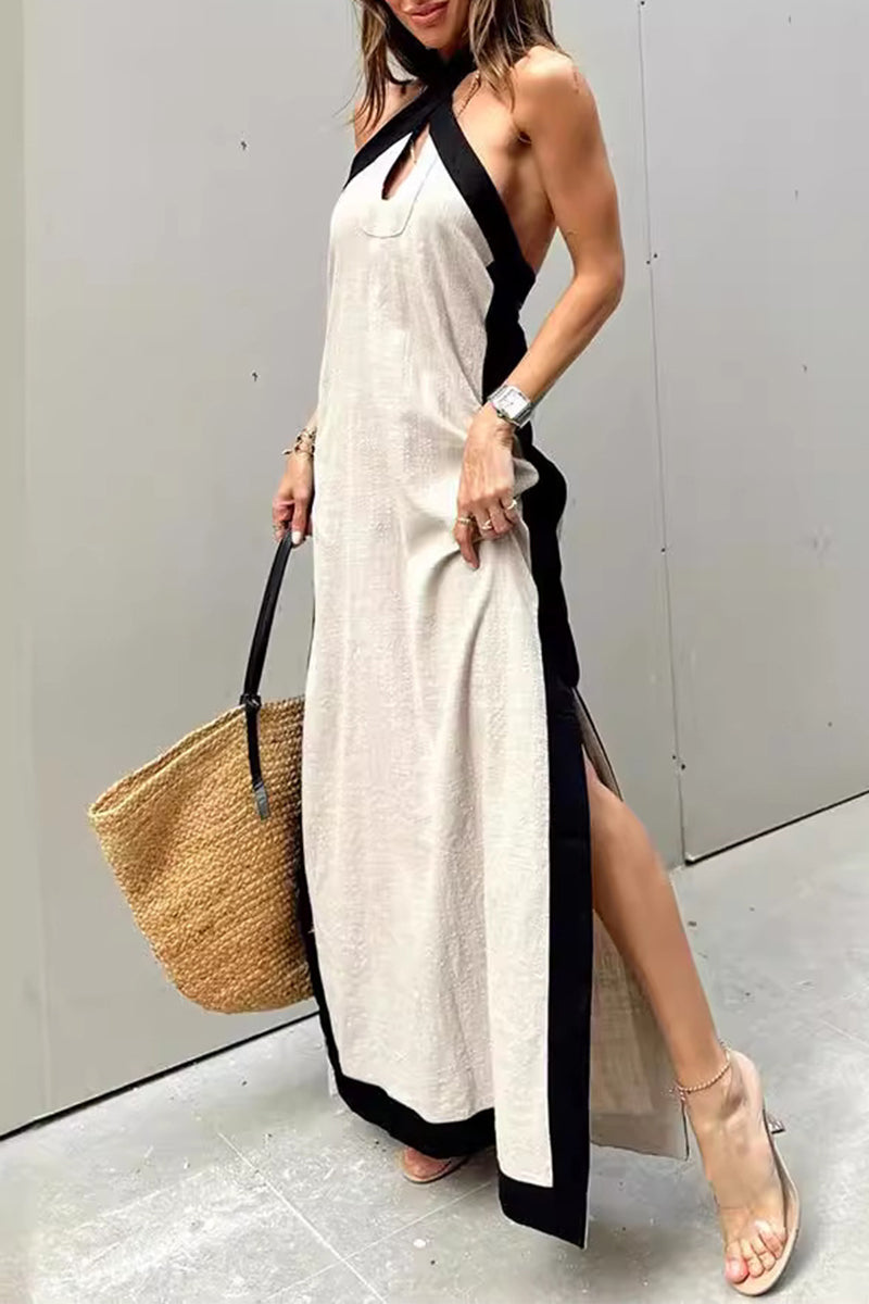 Casual Solid Slit Contrast Halter Sleeveless Dresses(3 Colors)