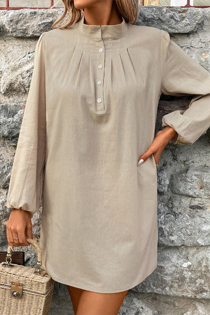 Casual Simplicity Solid Buttons Mandarin Collar A Line Dresses Khaki