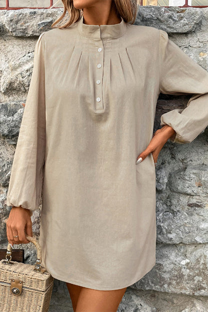 Casual Simplicity Solid Buttons Mandarin Collar A Line Dresses Khaki