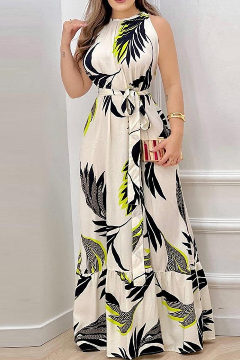 Casual Print Frenulum O Neck Long Dresses Apricot