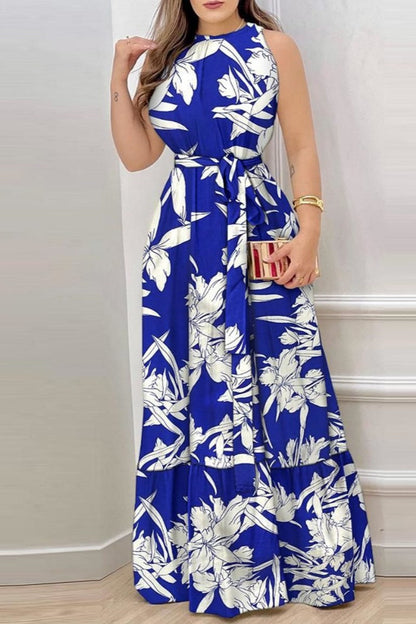 Casual Print Frenulum O Neck Long Dresses Blue