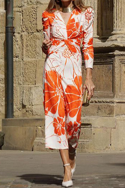 Casual Floral V Neck One Step Skirt Dresses White Orange