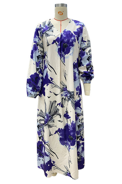 Casual Print Flowers Ruched V Neck A Line Dresses