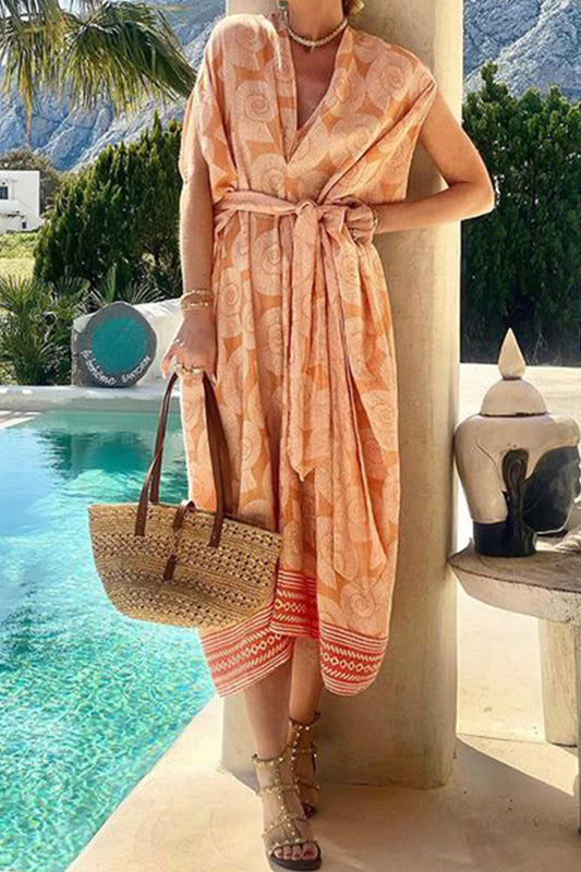 Casual Vacation Floral Print Bandage V Neck Beach Short Sleeve Dress Orange