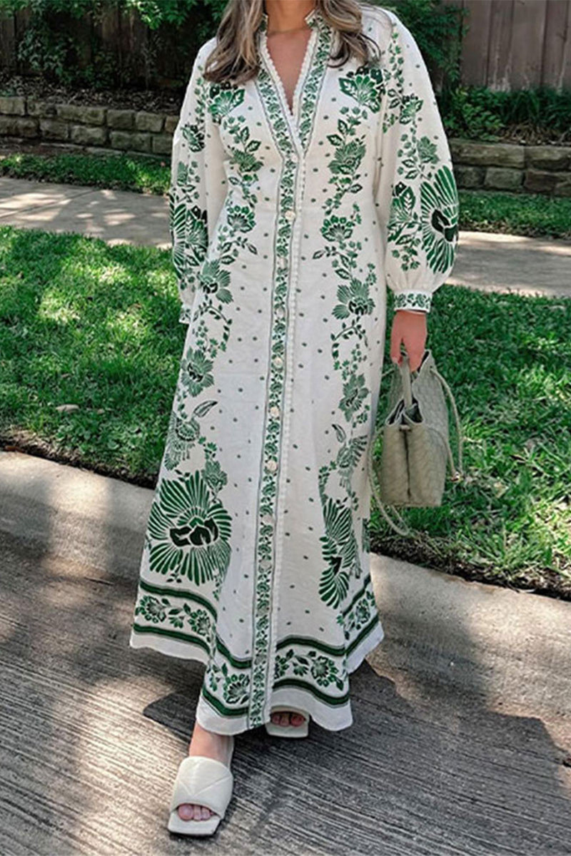 Casual Vacation Floral Print Buckle V Neck Long Sleeve Dresses Green