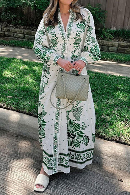 Casual Vacation Floral Print Buckle V Neck Long Sleeve Dresses