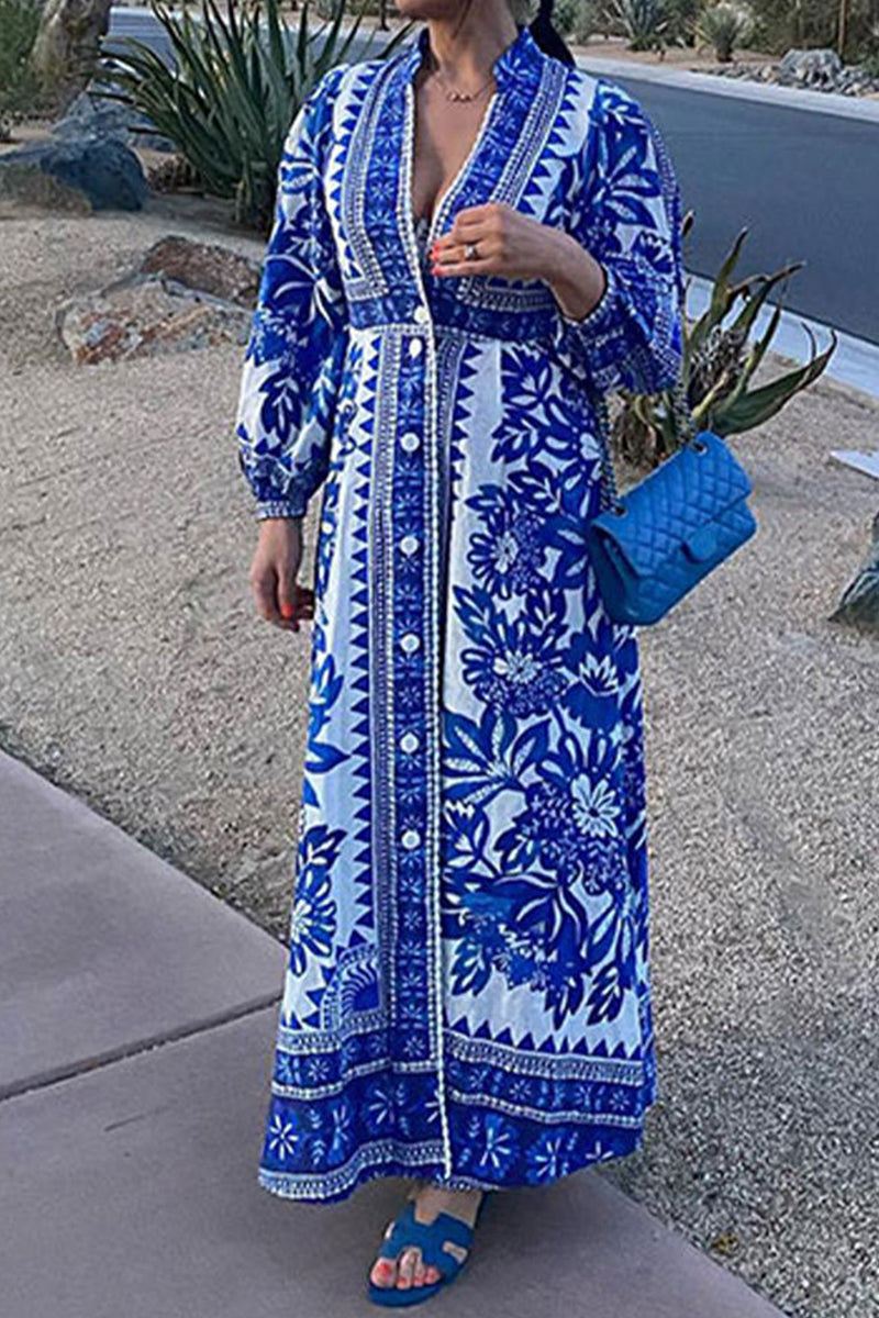 Casual Vacation Floral Print Buckle V Neck Long Sleeve Dresses Blue