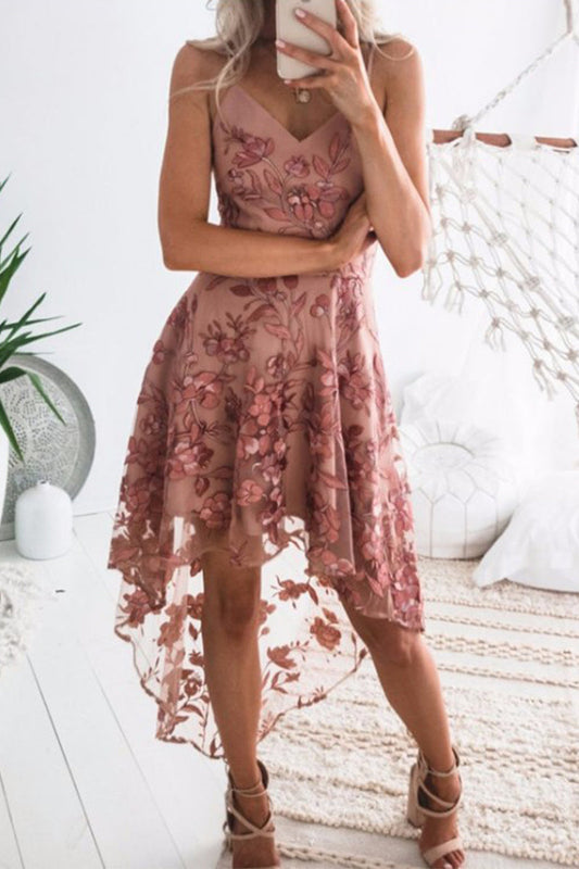 Sexy Solid Color Lace Embroidery V Neck Sling Dresses Deep Pink