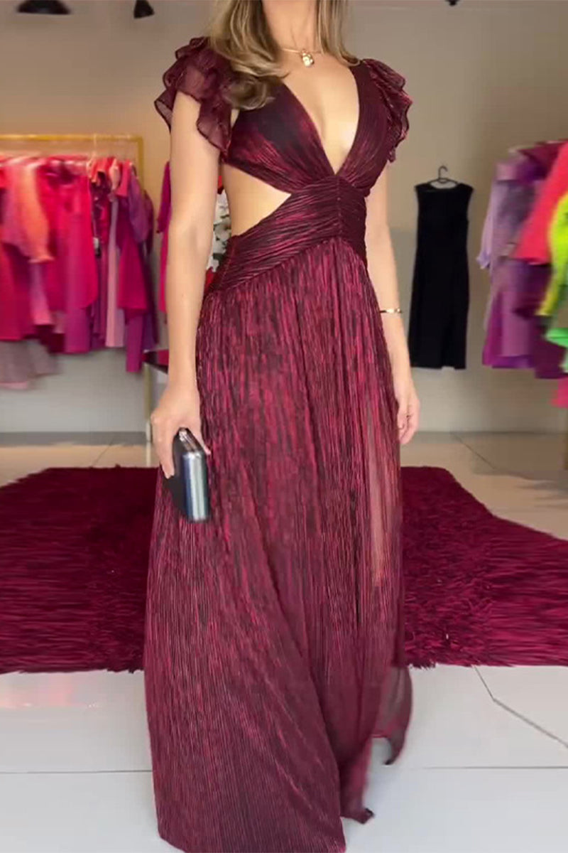 Sexy Solid Color Slit Pleated V Neck A Line Dresses