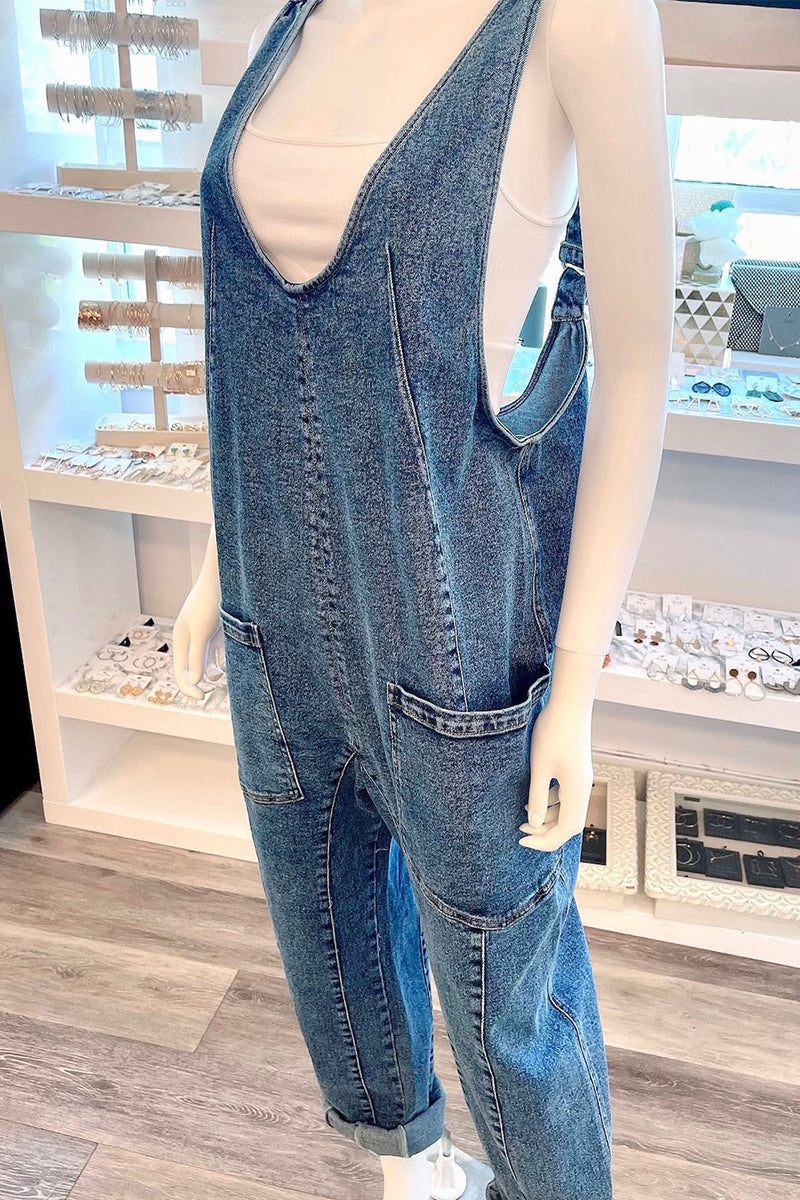 Casual Street Solid Color Distressed Pocket V Neck Sleeveless Loose Denim Jumpsuits