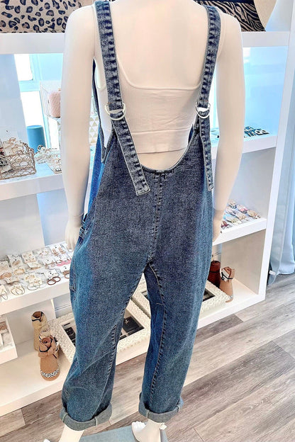 Casual Street Solid Color Distressed Pocket V Neck Sleeveless Loose Denim Jumpsuits