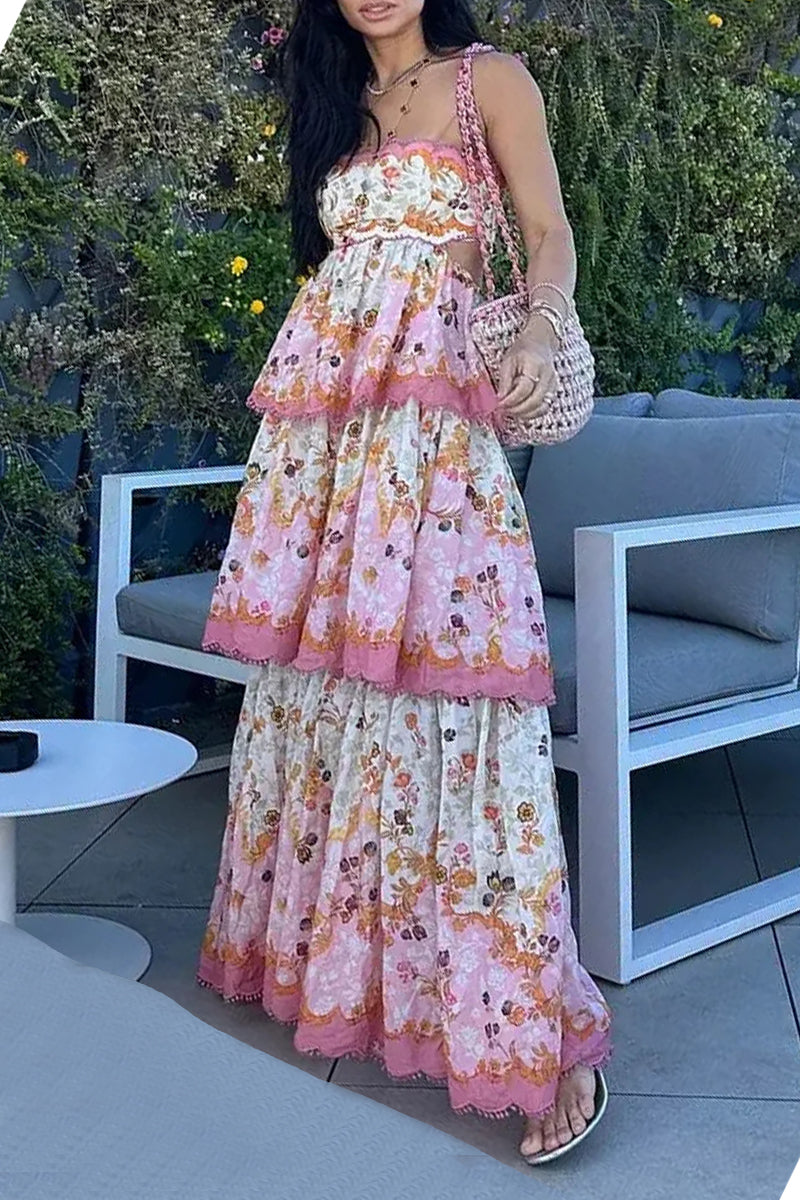 Casual Floral Print Ruffle Strapless Cake Skirt Dresses Pink