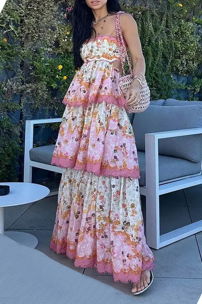 Casual Floral Print Ruffle Strapless Cake Skirt Dresses Pink