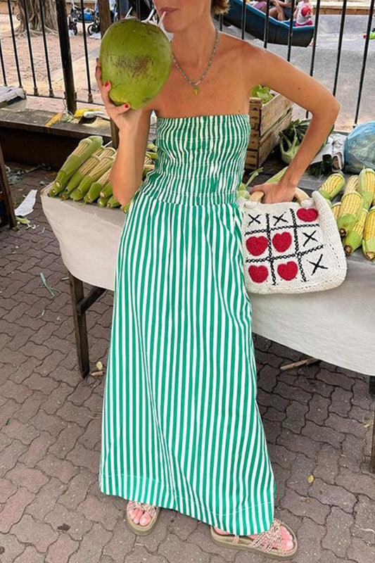 Casual Daily Striped Print Contrast Strapless Printed Dresses Green